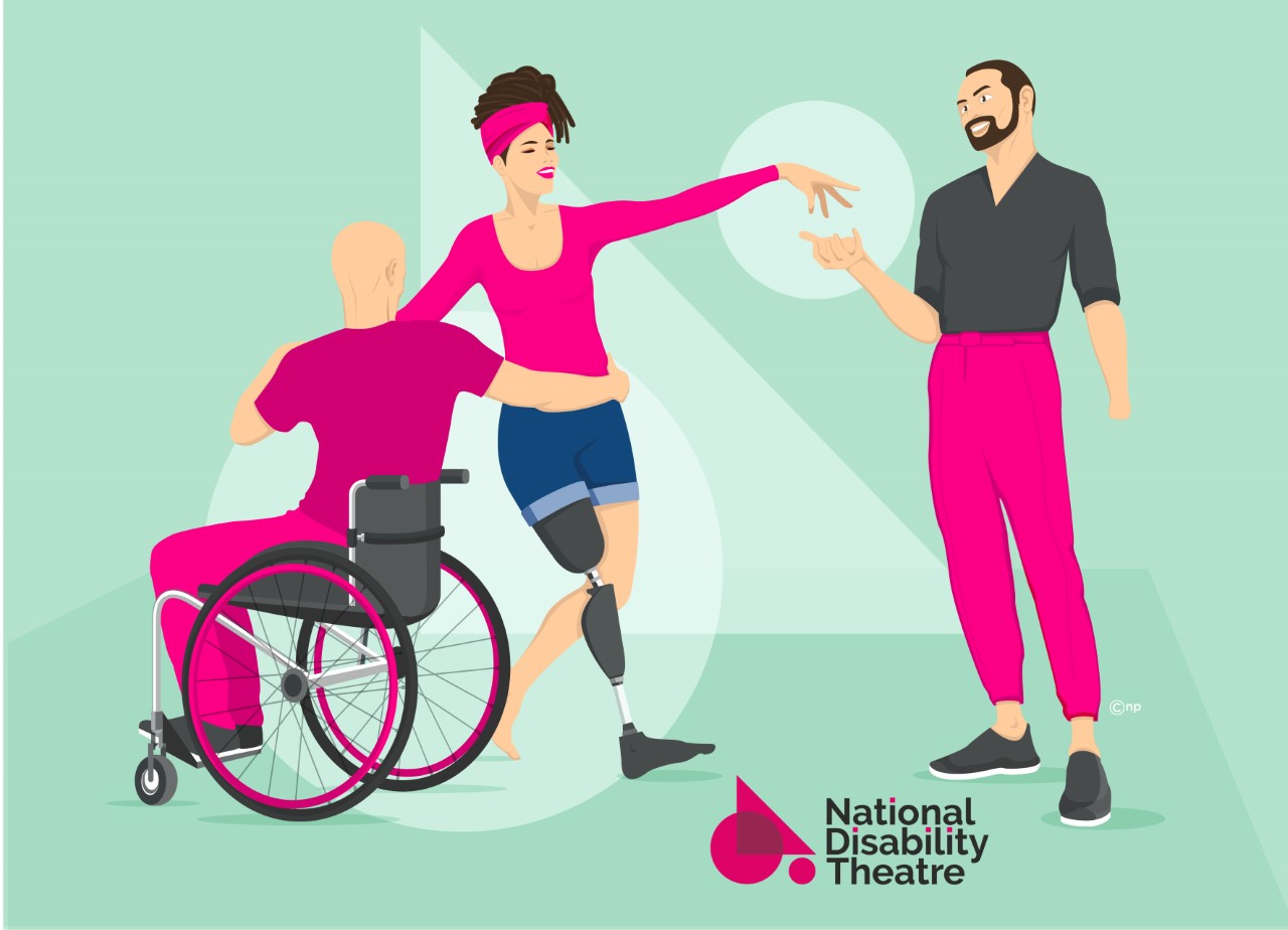 National Disability Theater logo, with drawing on man in wheelchair dancing with single leg amputee woman, man in pink pants