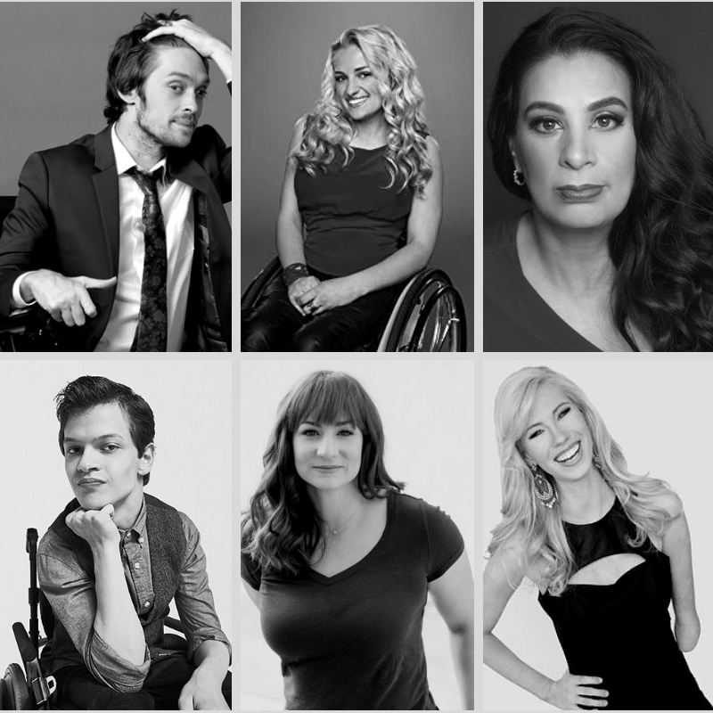 Black and white headshots of advisory company members for national disability theater, four women and two men