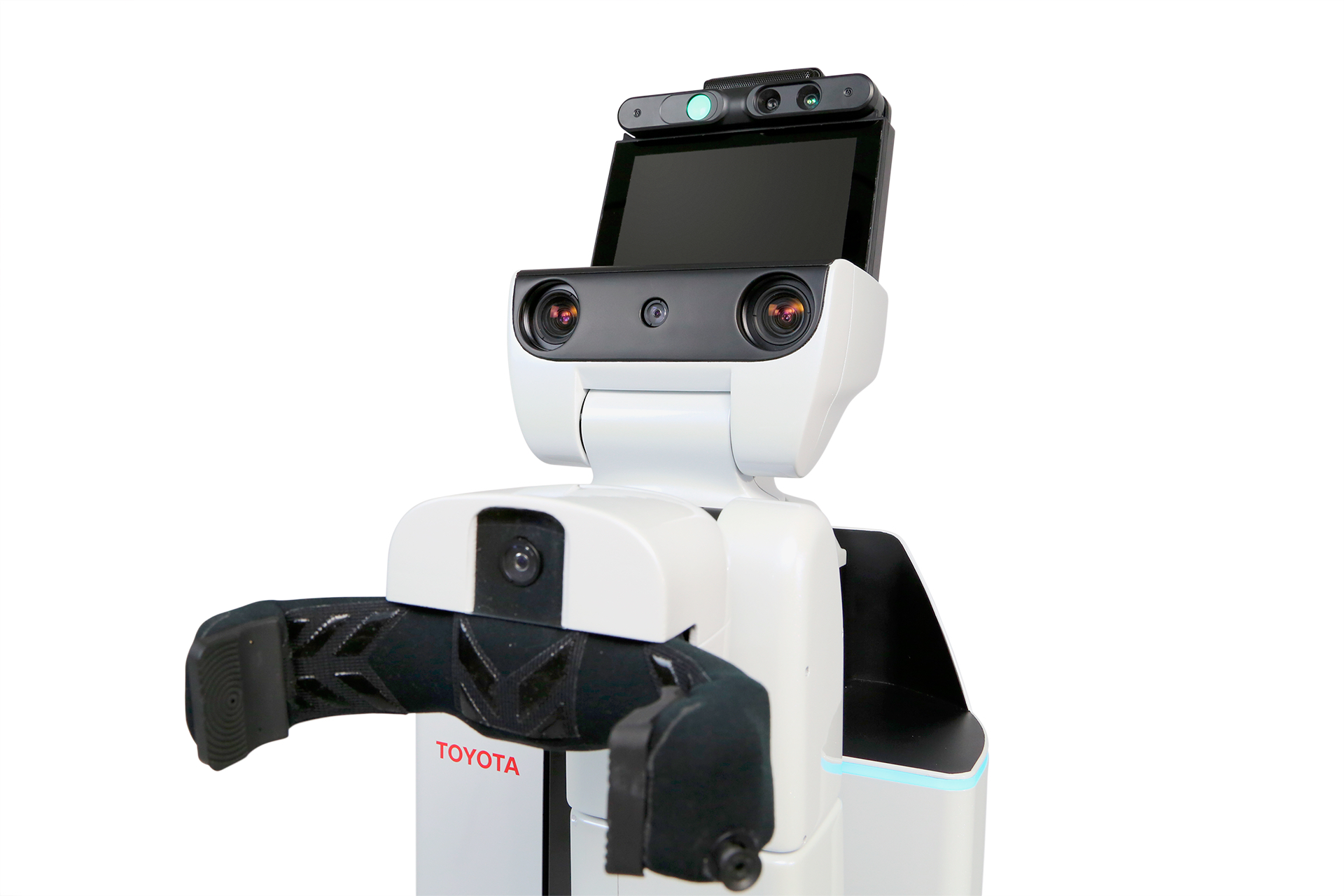 The Toyota HSR personal care robot, with close up of pinchers and display screen