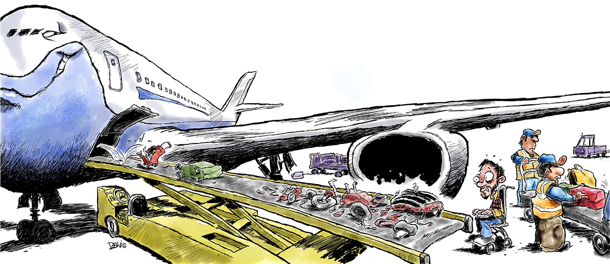 Illustration showing wheelchairs damaged by airlines coming out on conveyor belt, with bug eyed wheelchair user strapped into aisle chair
