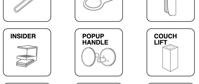 image shows 9 different low tech accessibility products that work with existing ikea products. these are: glass bumper, mega switch, easy handle, insider, pop up handle, couch lift, friendly zipper, curtain zipper, cane by me.