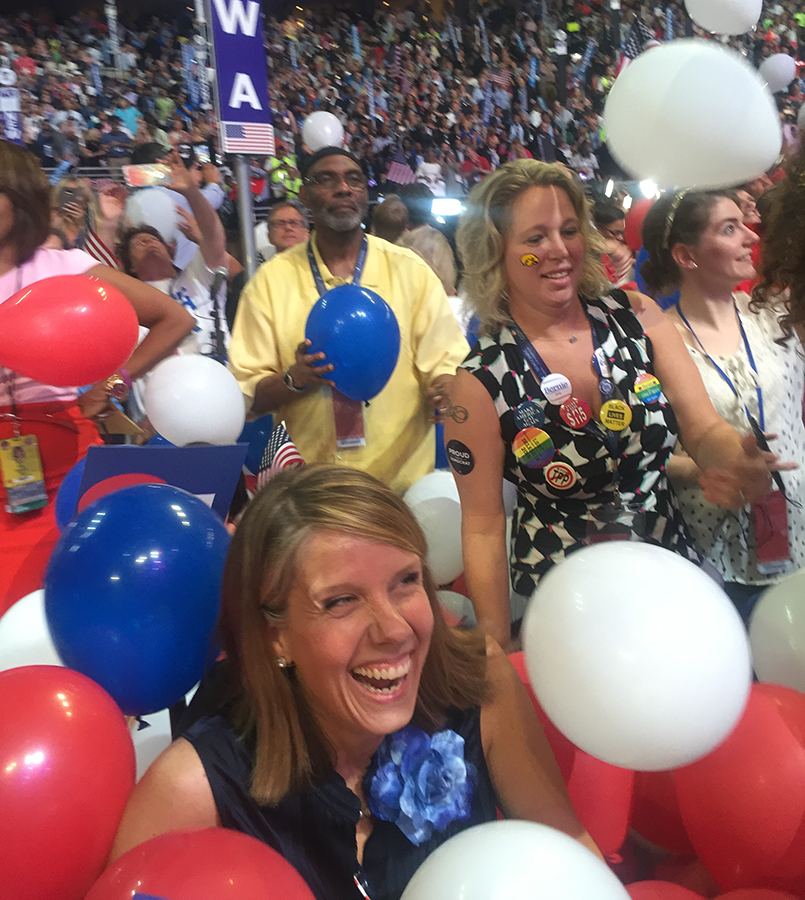DeBruicker enjoys the balloon drop at the 2016 Democratic Convention, where she served as an at-large delegate for Hillary Clinton.
