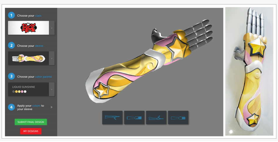 image showing website where children can customize interchangeable sleeves for their prosthetic limbs