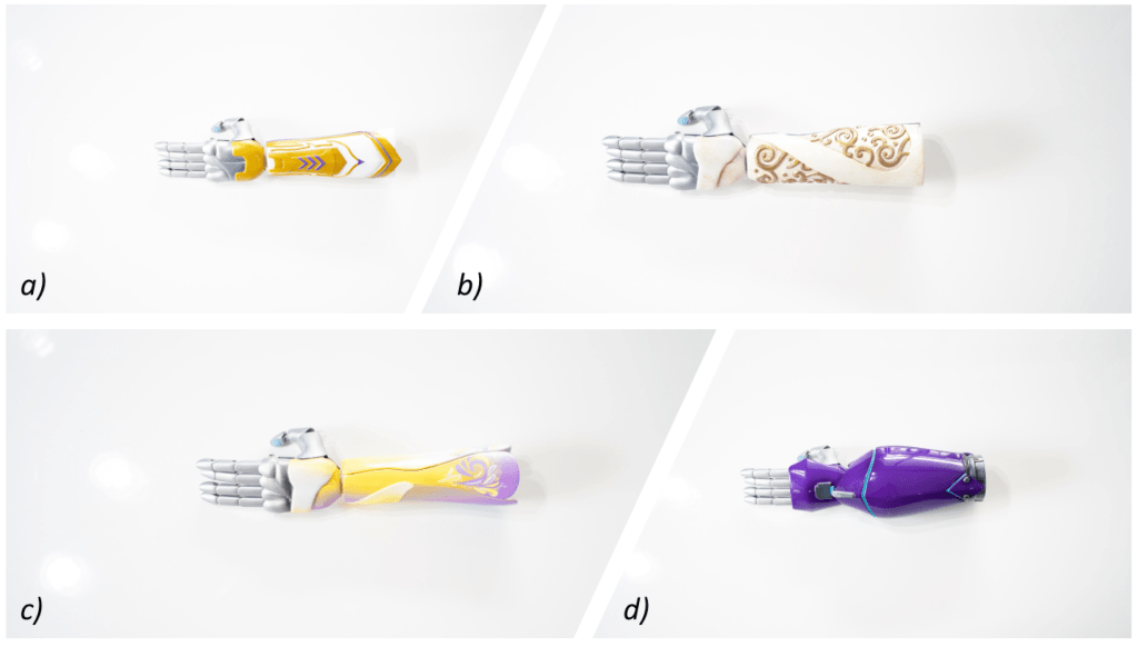 3D-printed limbs with interchangeable artistic covers from Limbitless Solutions at the University of Central Florida. (a) Warrior class, (b) Ethereal class, (c) Serenity class, and (d) Shadow class.