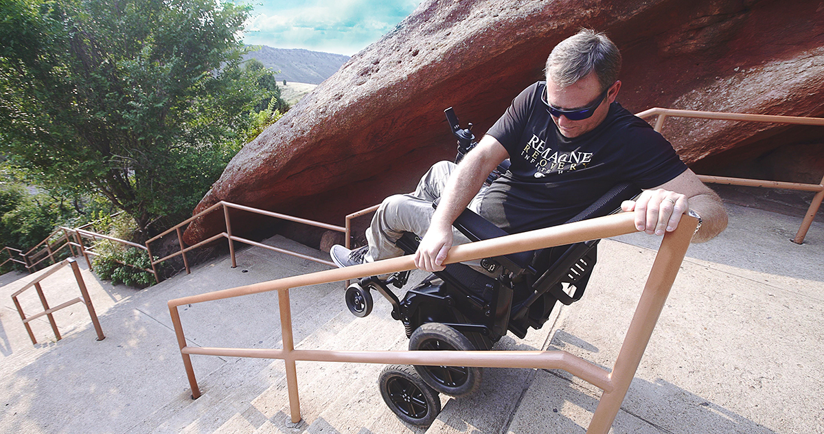 Gary Linfoot tested the iBOT’s stair mode on all 700 steps at Colorado’s Red Rocks Amphitheatre.