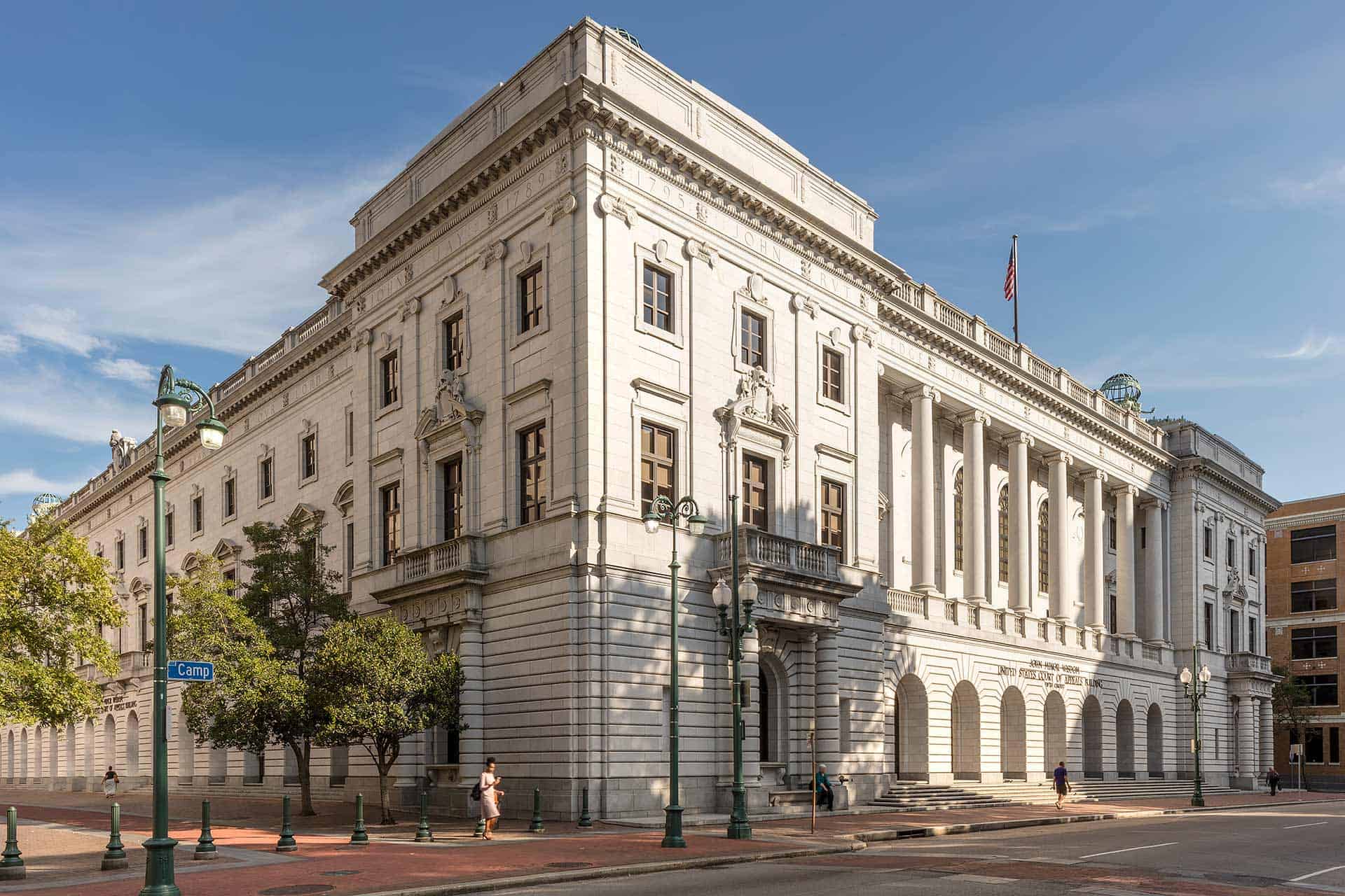 The white brick building that houses the 5th Circuit court of appeals, which ruled on the Affordable Care Act, shown from the corner.