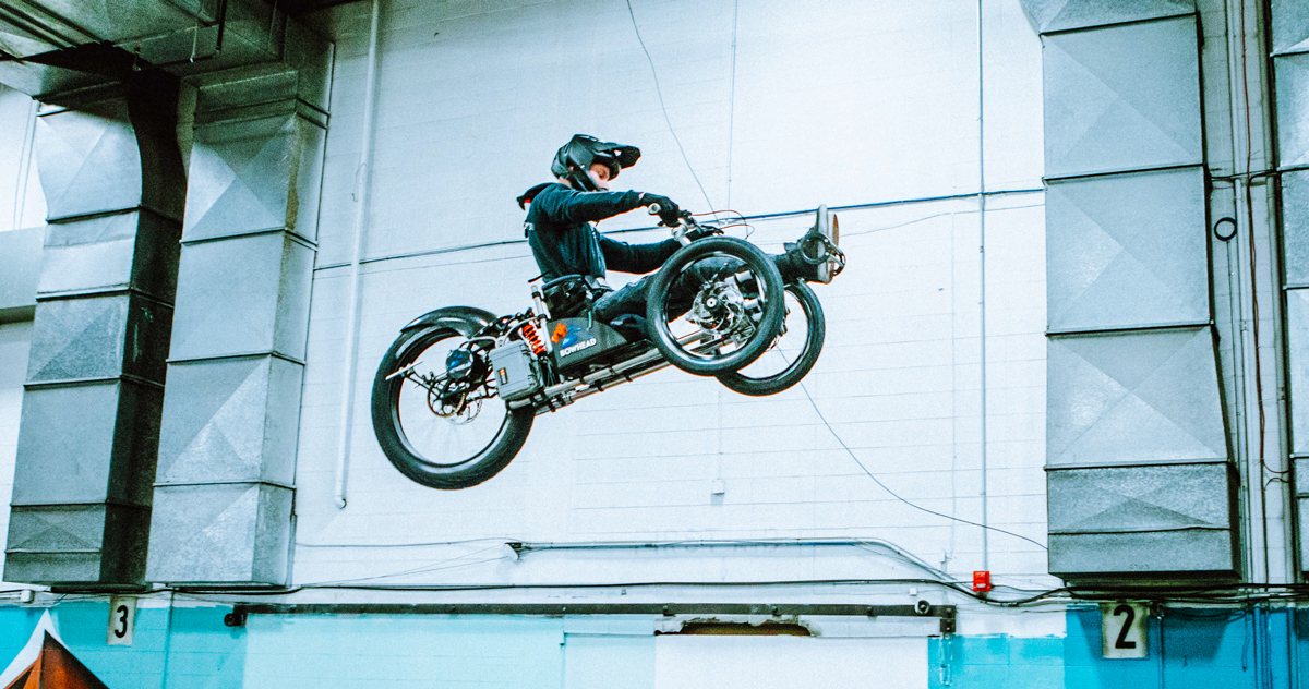 Darryl Tait flies off a jump at the B-Line indoor bike park.
