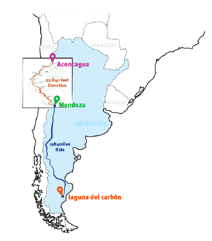 Map showing South America, with route from Laguna del Carbón to Mendoza.
