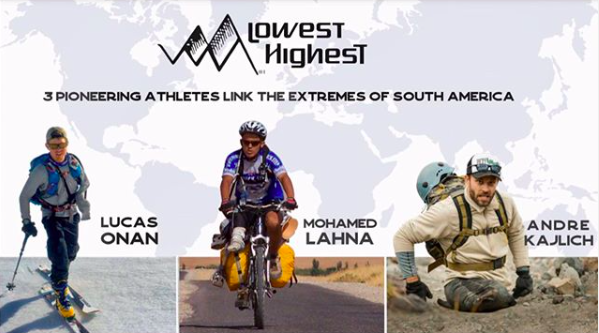 Logo for LowestHighest, showing the three teammates, including André Kajlich, who are attempting to summit Aconcagua.