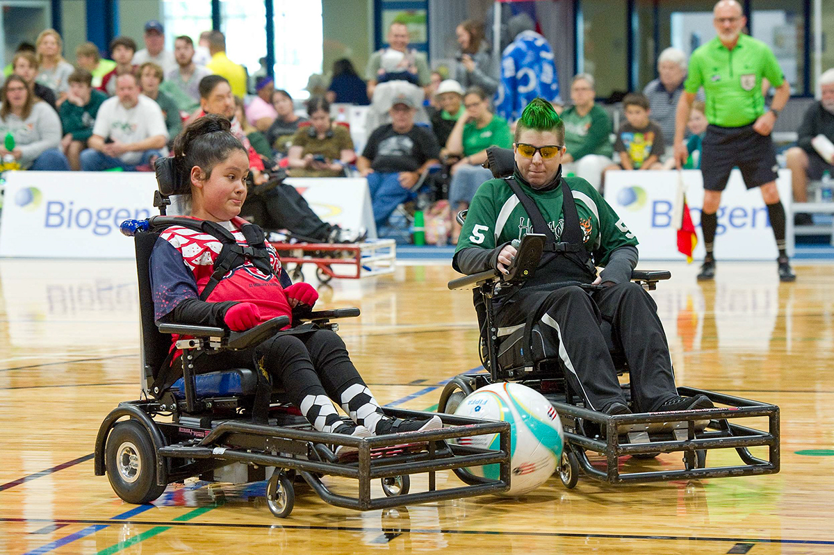 The cages on the front of power soccer chairs help direct the ball with accuracy and force.