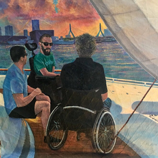 This is the first painting Murphy completed after his injury. He painted it on a sail, as part of a fundraiser for The Impossible Dream catamaran