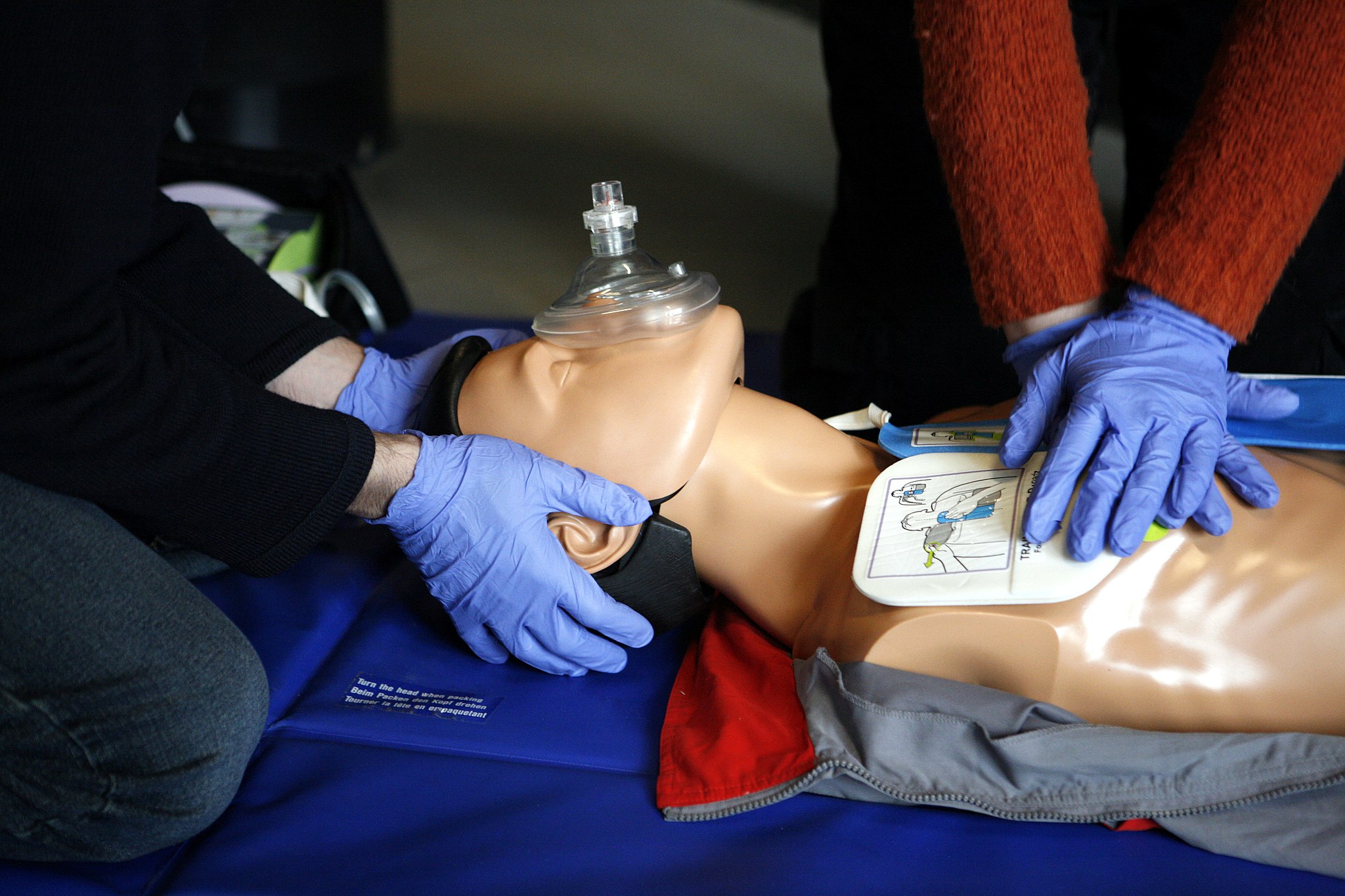 two sets of hands in medical gloves, one stabilizing the head of a cpr mannequin, the other doing chest compressions