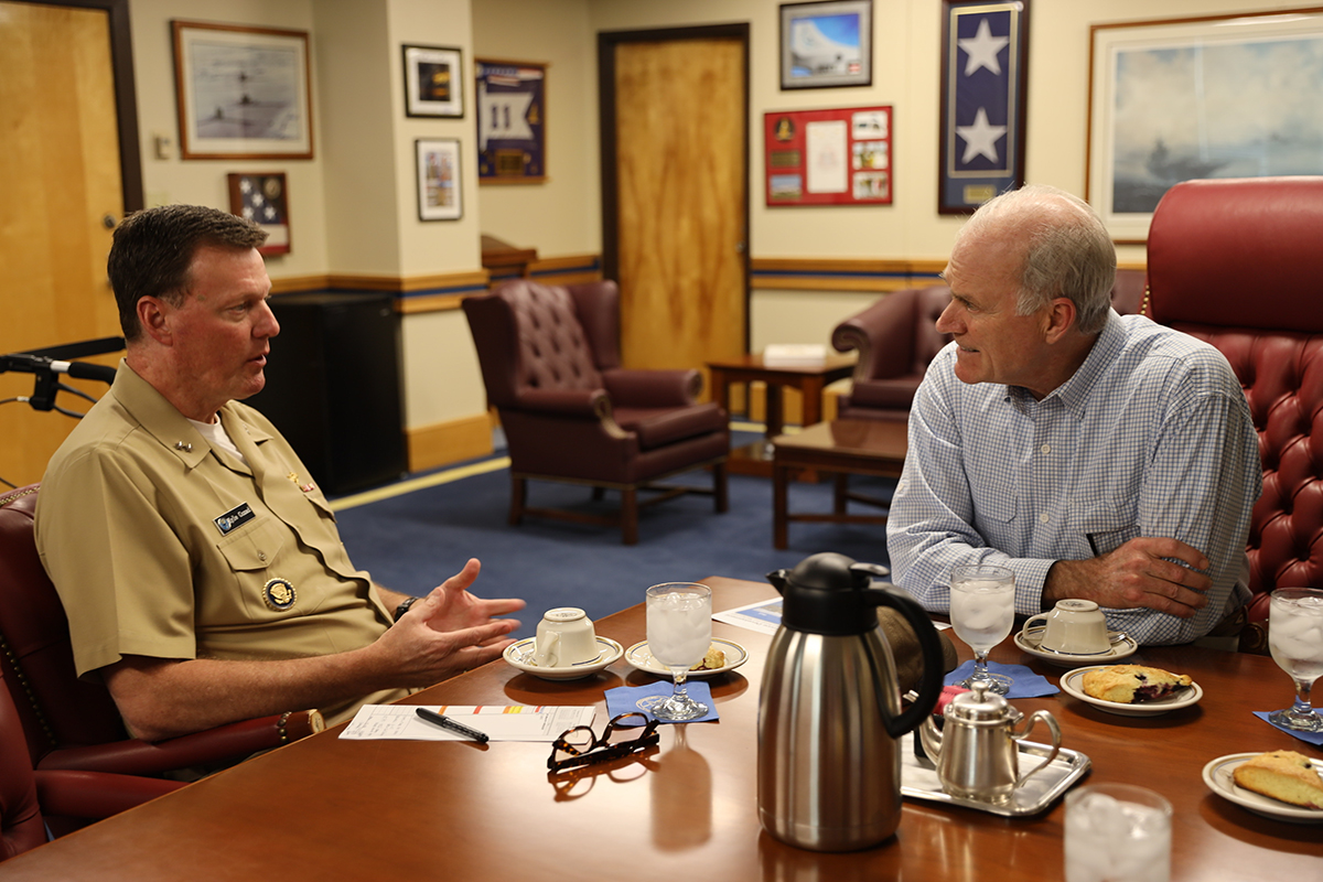 Cozad updates Secretary of the Navy Richard V. Spencer about the latest approaches for building a talented fleet by taking recruits from “street-to-fleet” and transforming them into highly-skilled, combat-ready sailors.